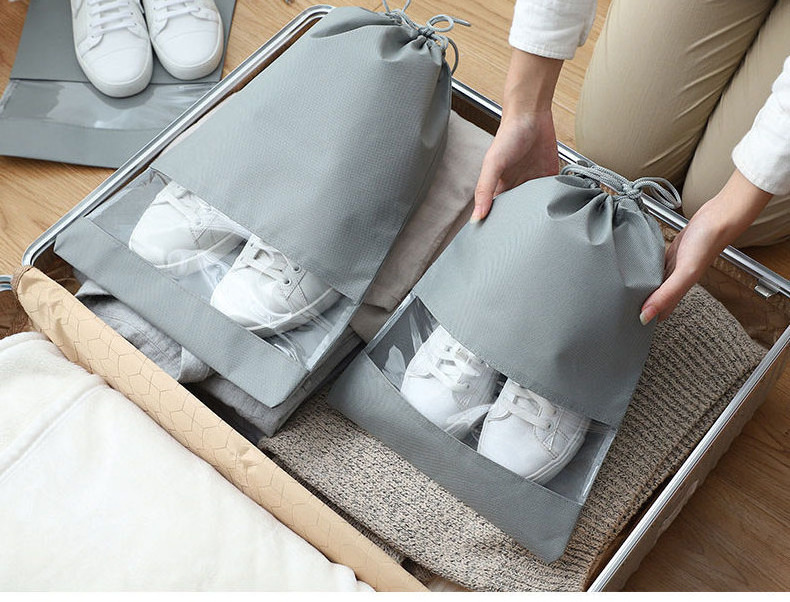 Portable Travel Essentials Shoes Storage Pouch Dustproof Shoes Organizer Large Drawstring Shoe Bag with Clear Window