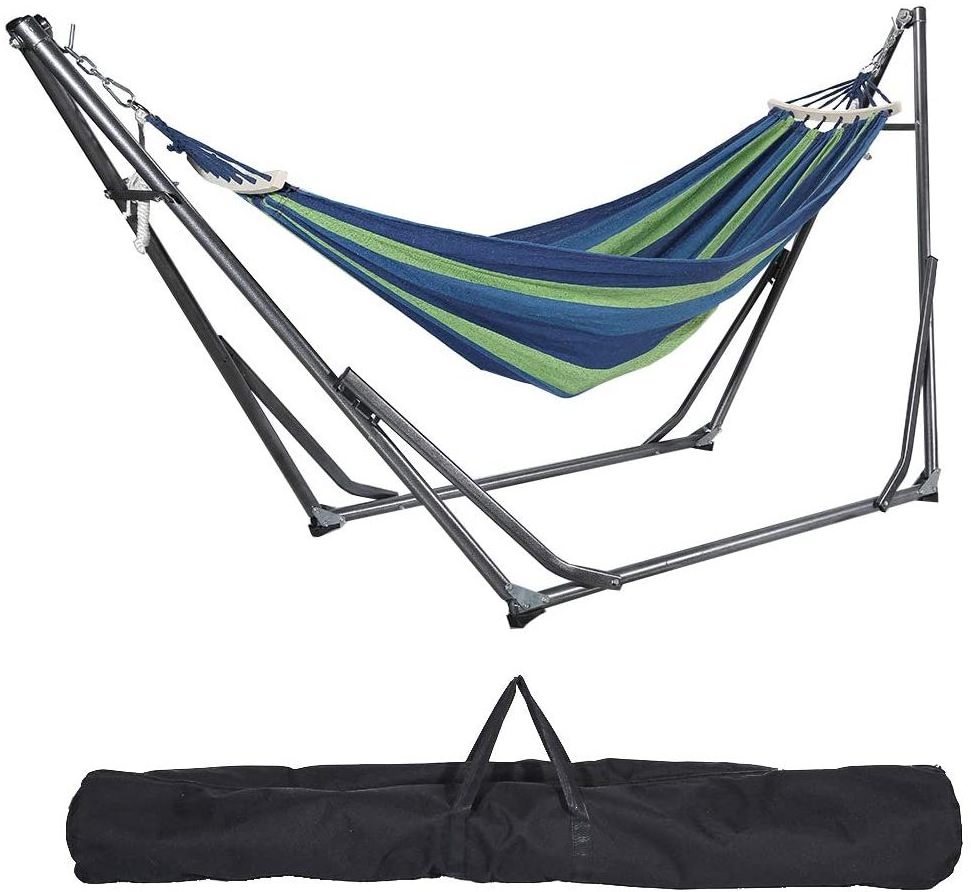 Portable Double Swing Bed Garden Beach Canvas Folding Hammock Bed Stand Hammock With Steel Stand