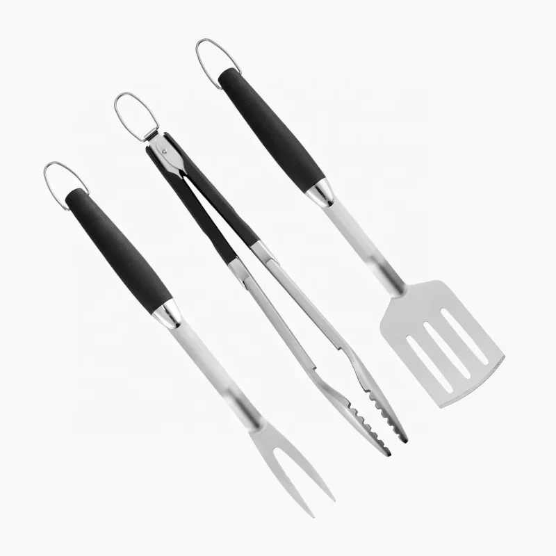 Thick Stainless Steel Grill Utensils Set, 3 Pieces BBQ Tools Spatula, Fork, Tong - Gift for Men Women