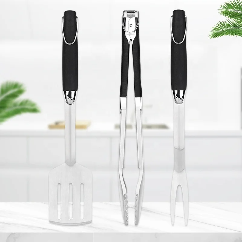 Thick Stainless Steel Grill Utensils Set, 3 Pieces BBQ Tools Spatula, Fork, Tong - Gift for Men Women