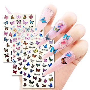 Holographic Blue Nail Stickers Pink Colorful Butterfly Art Sticker With Adhesive DIY Extension Flowers Rose Nail Decoration