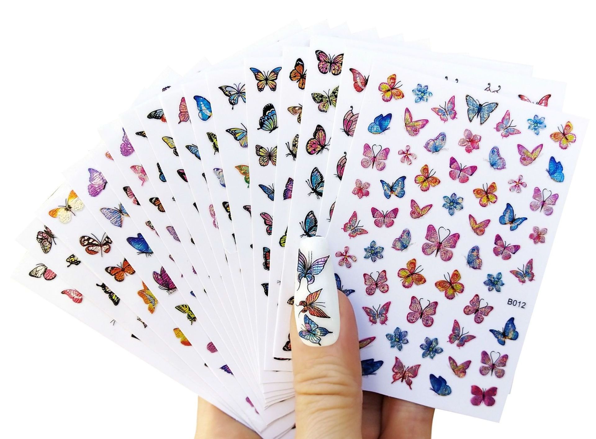 Holographic Blue Nail Stickers Pink Colorful Butterfly Art Sticker With Adhesive DIY Extension Flowers Rose Nail Decoration