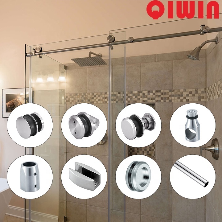 Square Pipe Stainless Steel Frameless Shower Enclosure Glass Sliding Shower Door Hardware Slider Kit Fitting