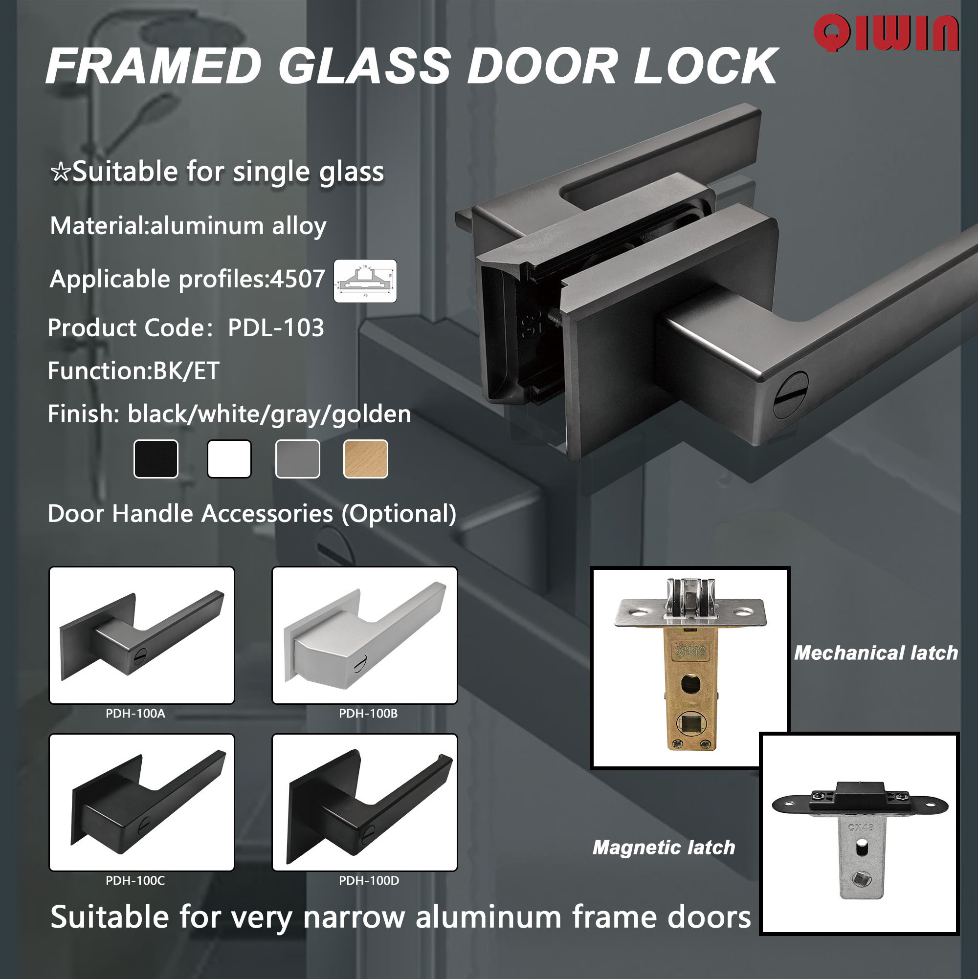 Aluminum lock body bathroom very narrow frame kitchen flat door black glass door lock