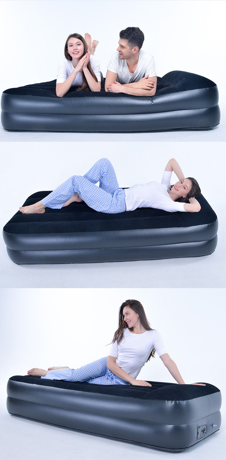 Portable Flocked Single Size Inflatable Massage Air Bed Mattress Camping With Built-In Pump