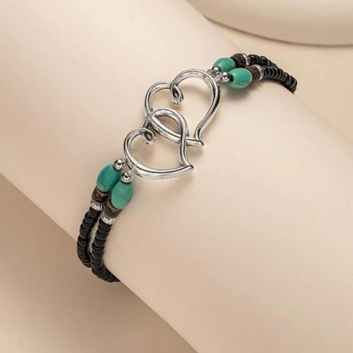 Factory direct sales beach wind foot fashion pop stack love rice bead anklet heart to heart Turquoise 2 heart beaded anklet