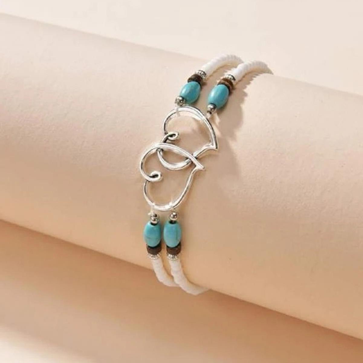 Factory direct sales beach wind foot fashion pop stack love rice bead anklet heart to heart Turquoise 2 heart beaded anklet