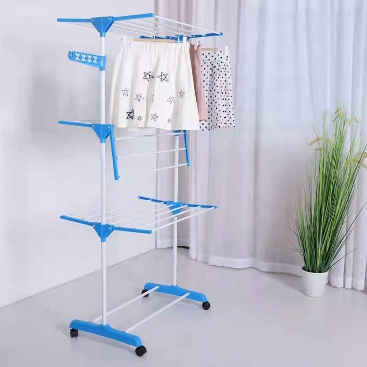 Single Pole 3 Layers Outdoor Indoor Folding Clothes Drying Rack Retractable Cloth Dryer Rack Clothes Garment Rack