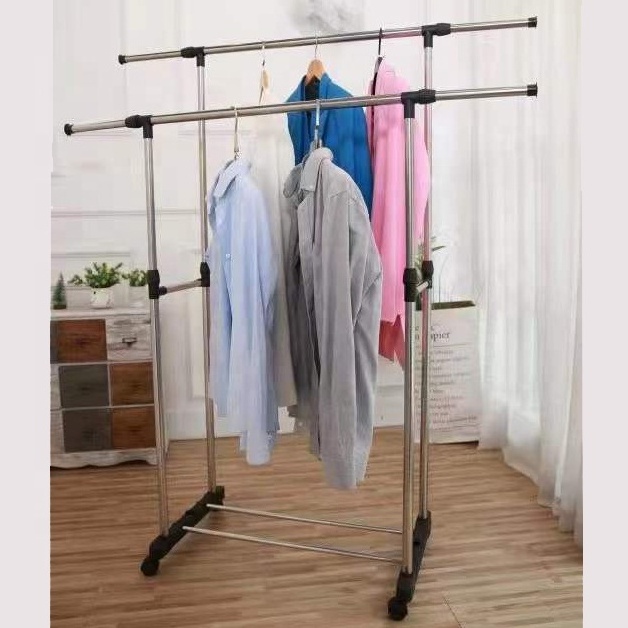 Double Pole Laundry Rack Retractable Garment Rack Stand Clothes Shoes Drying Rack Hanger With Wheel