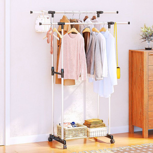 Double Rod Freestanding Closet Organiser DIY Simple Hanger Stainless Steel Clothes Rack with Shoes Rack