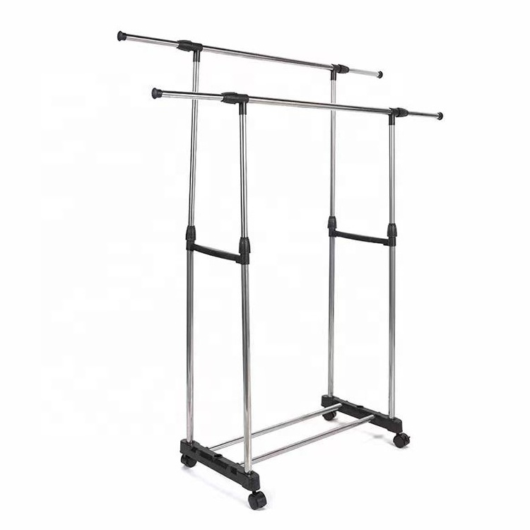 Double Pole Laundry Rack Retractable Garment Rack Stand Clothes Shoes Drying Rack Hanger With Wheel