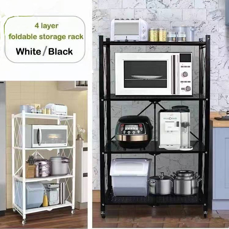 3Tier Kitchen Folding Shelf Rack For Home Storage Foldable Organizer Telescopic Metal Shelves With Wheels