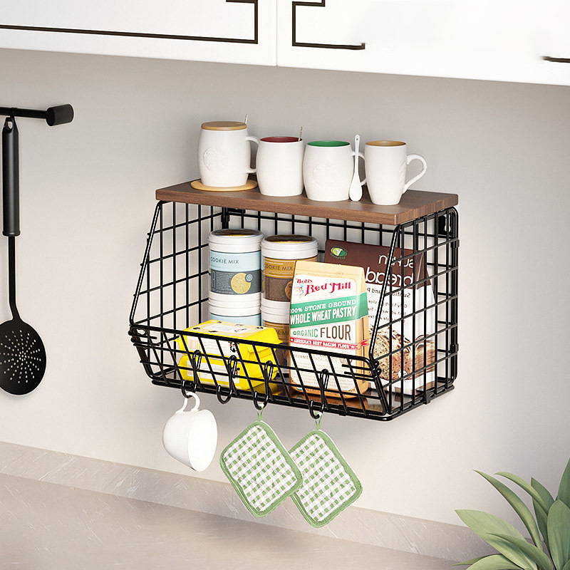 Wall-Mounted Kitchen Shelf Thickened Iron Wooden Storage Rack Foldable Vegetable And Fruit Storage Basket