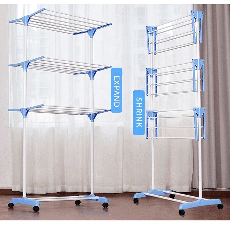 Single Pole 3 Layers Outdoor Indoor Folding Clothes Drying Rack Retractable Cloth Dryer Rack Clothes Garment Rack