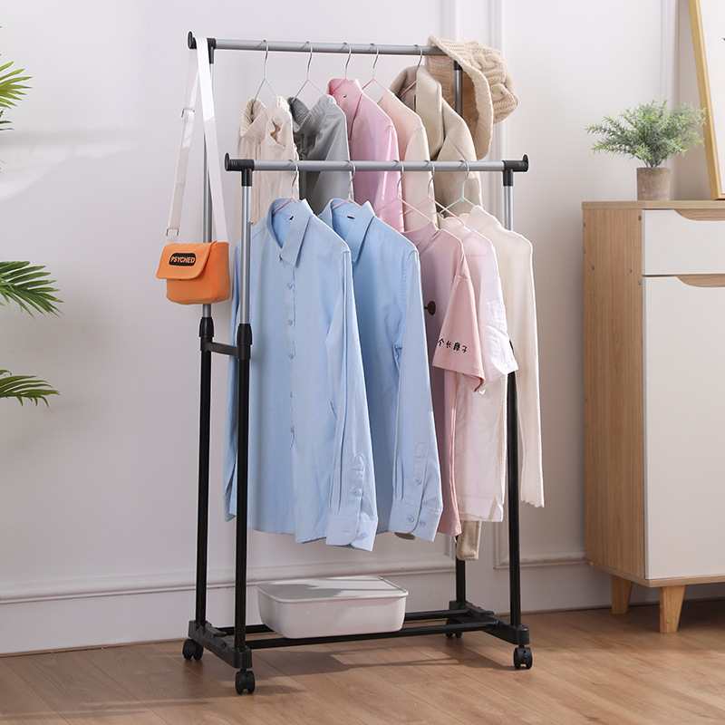 Double Rod Freestanding Closet Organiser DIY Simple Hanger Stainless Steel Clothes Rack with Shoes Rack