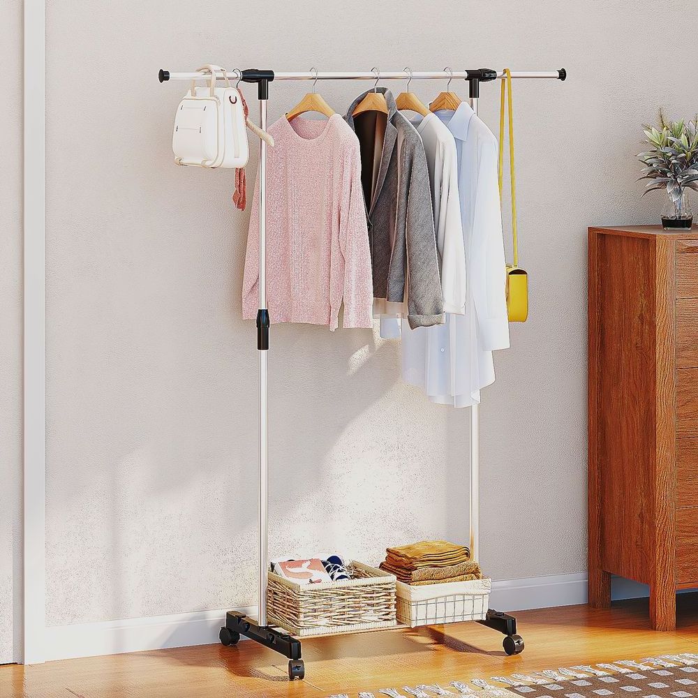 Double Rod Freestanding Closet Organiser DIY Simple Hanger Stainless Steel Clothes Rack with Shoes Rack