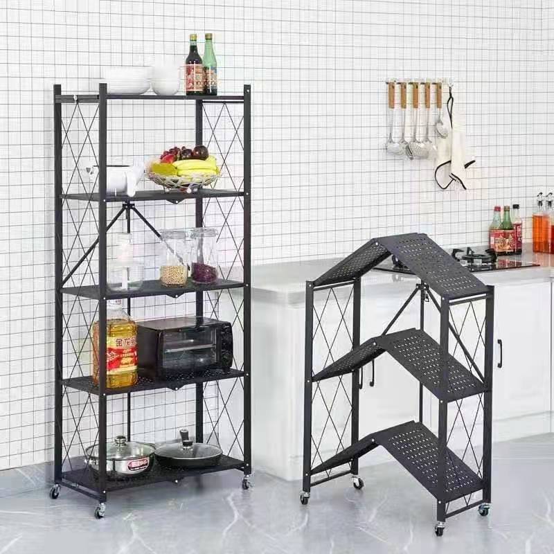 3Tier Kitchen Folding Shelf Rack For Home Storage Foldable Organizer Telescopic Metal Shelves With Wheels