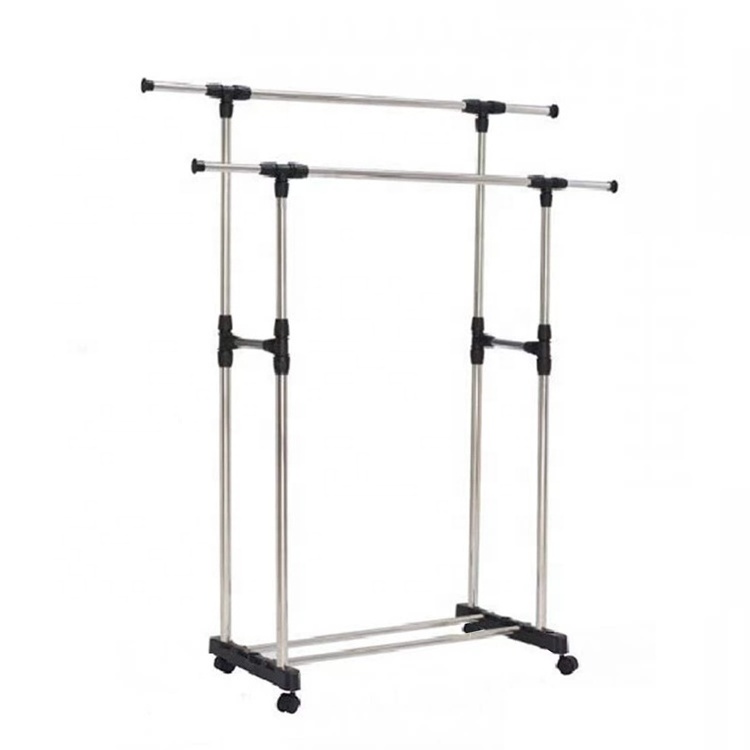 Double Pole Laundry Rack Retractable Garment Rack Stand Clothes Shoes Drying Rack Hanger With Wheel