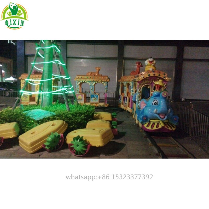 Shopping mall amusement themed park electric passenger fiberglass kids ride on train with track train