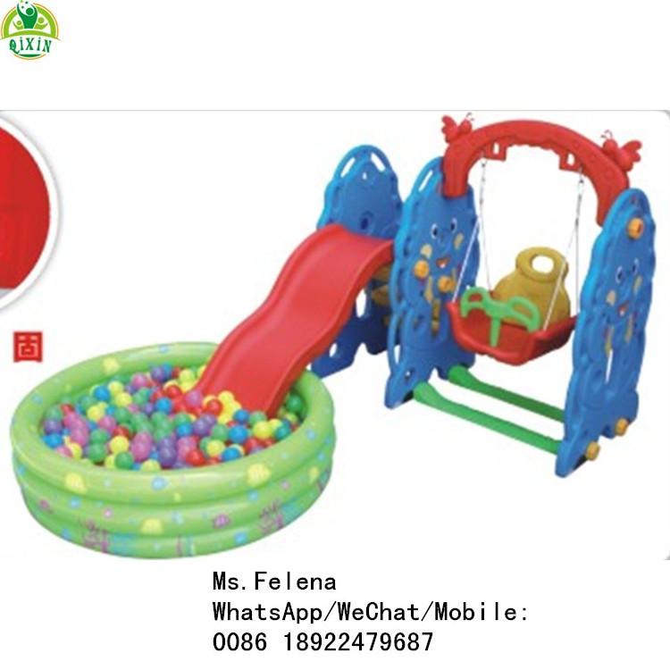 Multifunctional funny baby play ground toddler kids plastic slide with inflatable ball pool and swing set