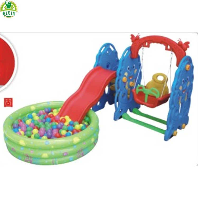 Multifunctional funny baby play ground toddler kids plastic slide with inflatable ball pool and swing set