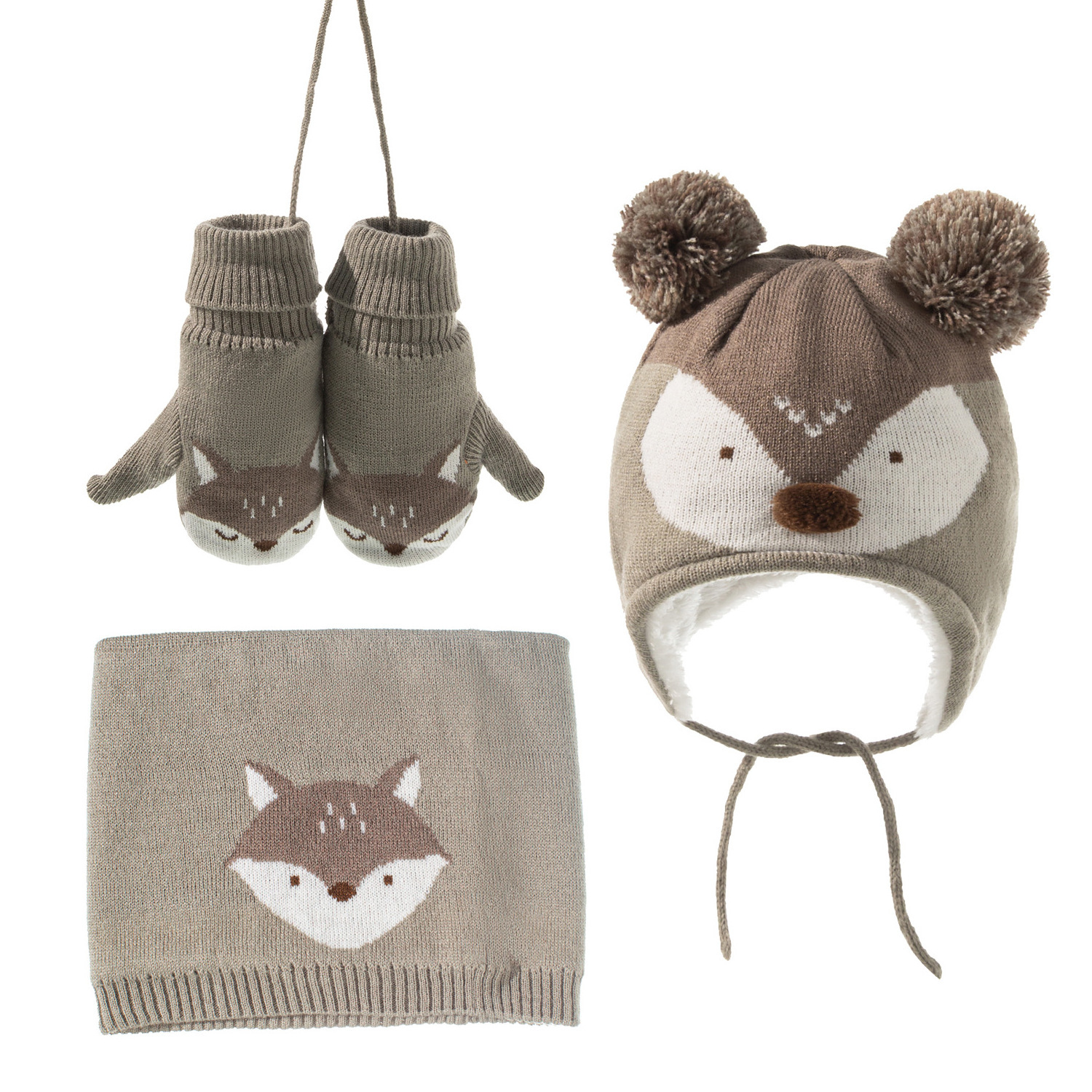 QJC22 Toddler Cute Fox Winter Hat Scarf Gloves 3Pcs Set 0 - 3 Years Boy Girl Fleece Lined Ear flap Beanie Neck Warmer Mittens