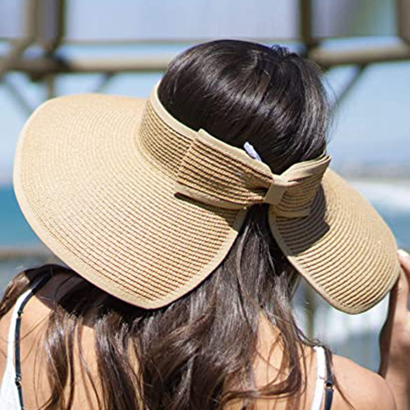 I43 Casual Foldable Summer Beach Cap Floppy Wide Brim Bowknot Straw Hats Women Sun Visors Straw Hat