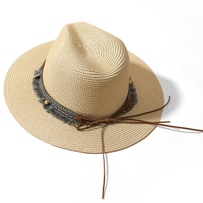 WXL223 Fashion Sun Hat Beach Cap Tassels Cowgirl Summer Hat Western Cowboy Trendy Woven Paper Straw Hat