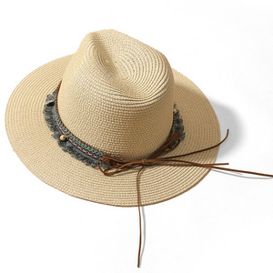 WXL223 Fashion Sun Hat Beach Cap Tassels Cowgirl Summer Hat Western Cowboy Trendy Woven Paper Straw Hat