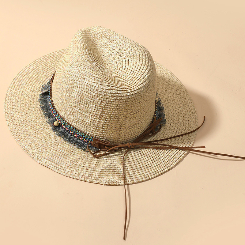 WXL223 Fashion Sun Hat Beach Cap Tassels Cowgirl Summer Hat Western Cowboy Trendy Woven Paper Straw Hat