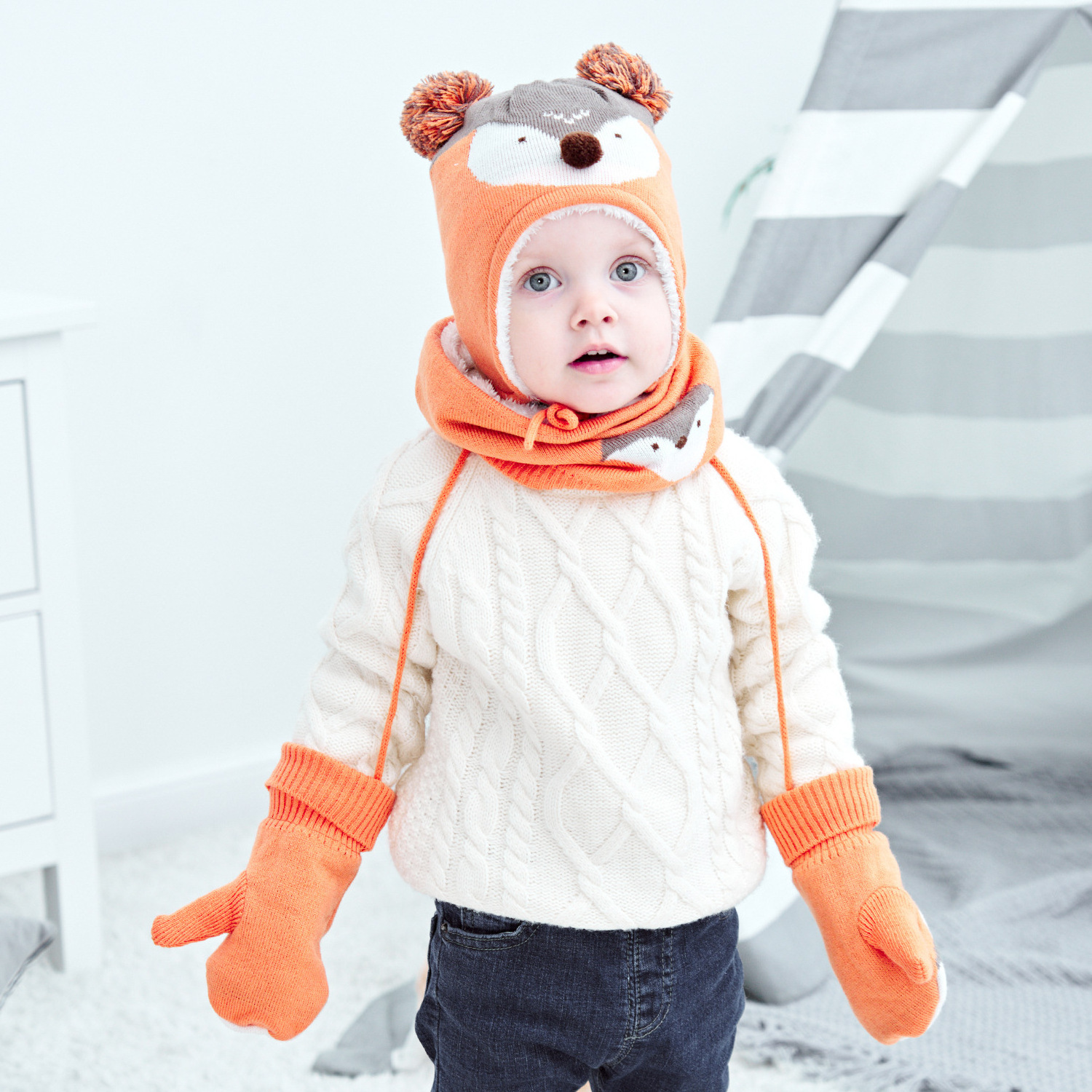 QJC22 Toddler Cute Fox Winter Hat Scarf Gloves 3Pcs Set 0 - 3 Years Boy Girl Fleece Lined Ear flap Beanie Neck Warmer Mittens