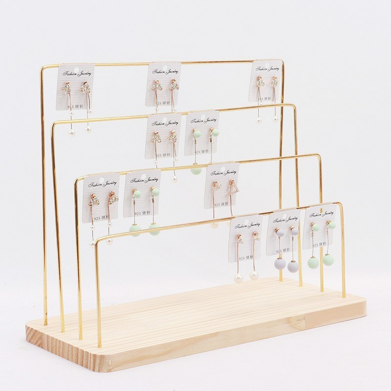 LYT242 Wooden Base Metal Ear Studs Pendant Jewelry Holder Display Stand Organizer Earrings Presenting Rack