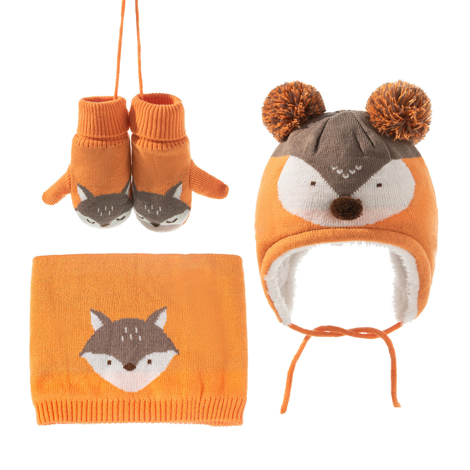 QJC22 Toddler Cute Fox Winter Hat Scarf Gloves 3Pcs Set 0 - 3 Years Boy Girl Fleece Lined Ear flap Beanie Neck Warmer Mittens