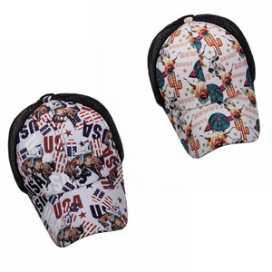 O259 Women Vintage Adjustable Snapback Baseball Cap Cross Strap Back USA Printed Graffiti Howdy Cowboys Ponytail Hat