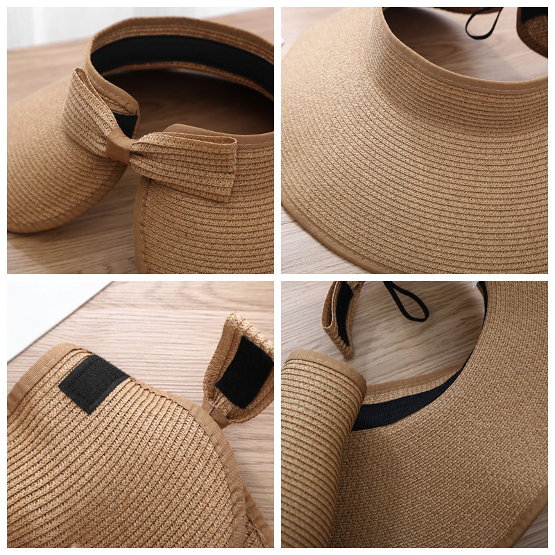 I43 Casual Foldable Summer Beach Cap Floppy Wide Brim Bowknot Straw Hats Women Sun Visors Straw Hat