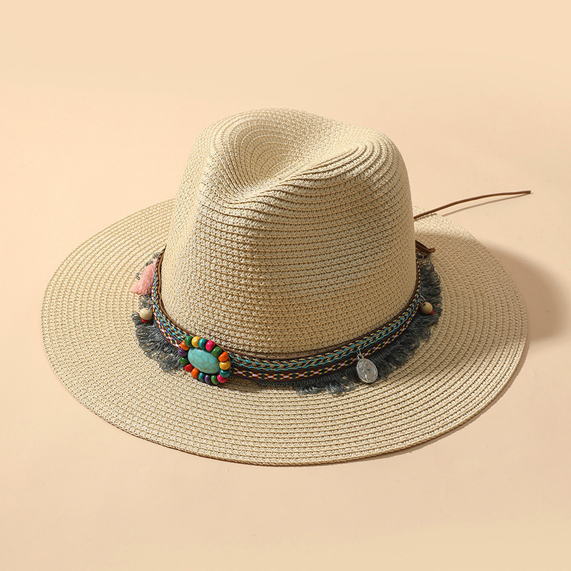 WXL223 Fashion Sun Hat Beach Cap Tassels Cowgirl Summer Hat Western Cowboy Trendy Woven Paper Straw Hat