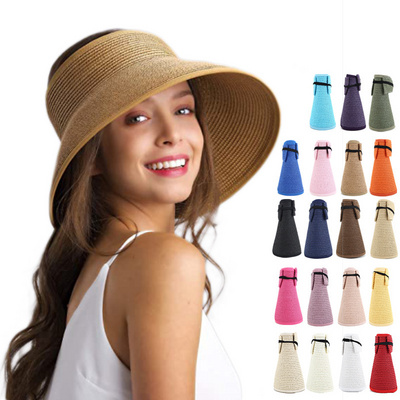 I43 Casual Foldable Summer Beach Cap Floppy Wide Brim Bowknot Straw Hats Women Sun Visors Straw Hat