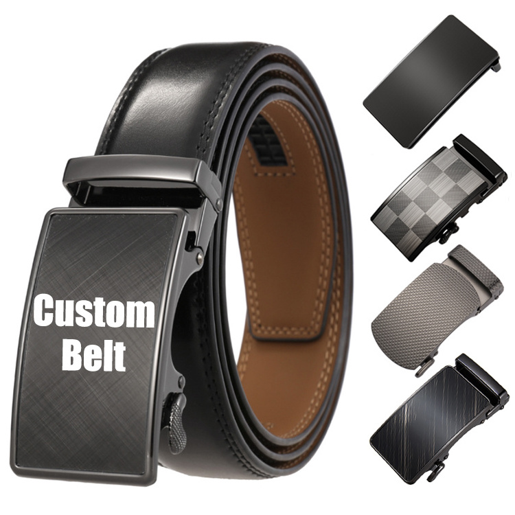 Fashion Casual Black Adjustable Buckle Automatic Ratchet Belt Cowhide 100% Genuine Leather Custom Men's Belt