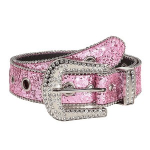 Crystal Bling Shiny Cow Leather Designer Western Cowboy Rhinestone Diamond Crystal Belt for Men and Women