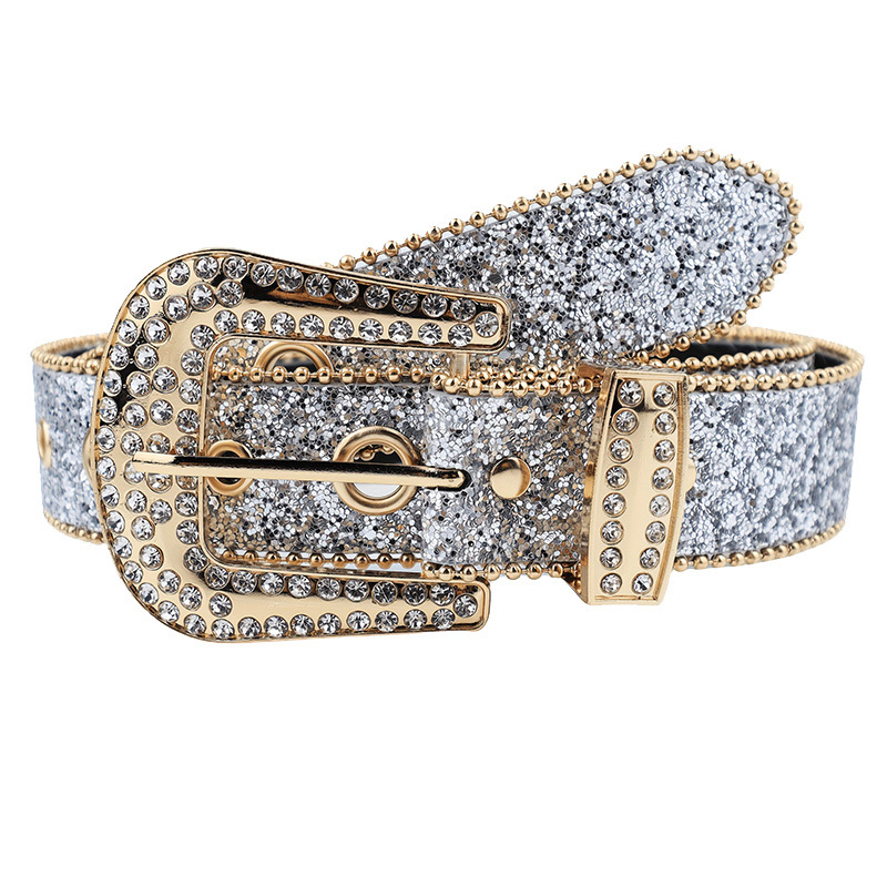 Crystal Bling Shiny Cow Leather Designer Western Cowboy Rhinestone Diamond Crystal Belt for Men and Women