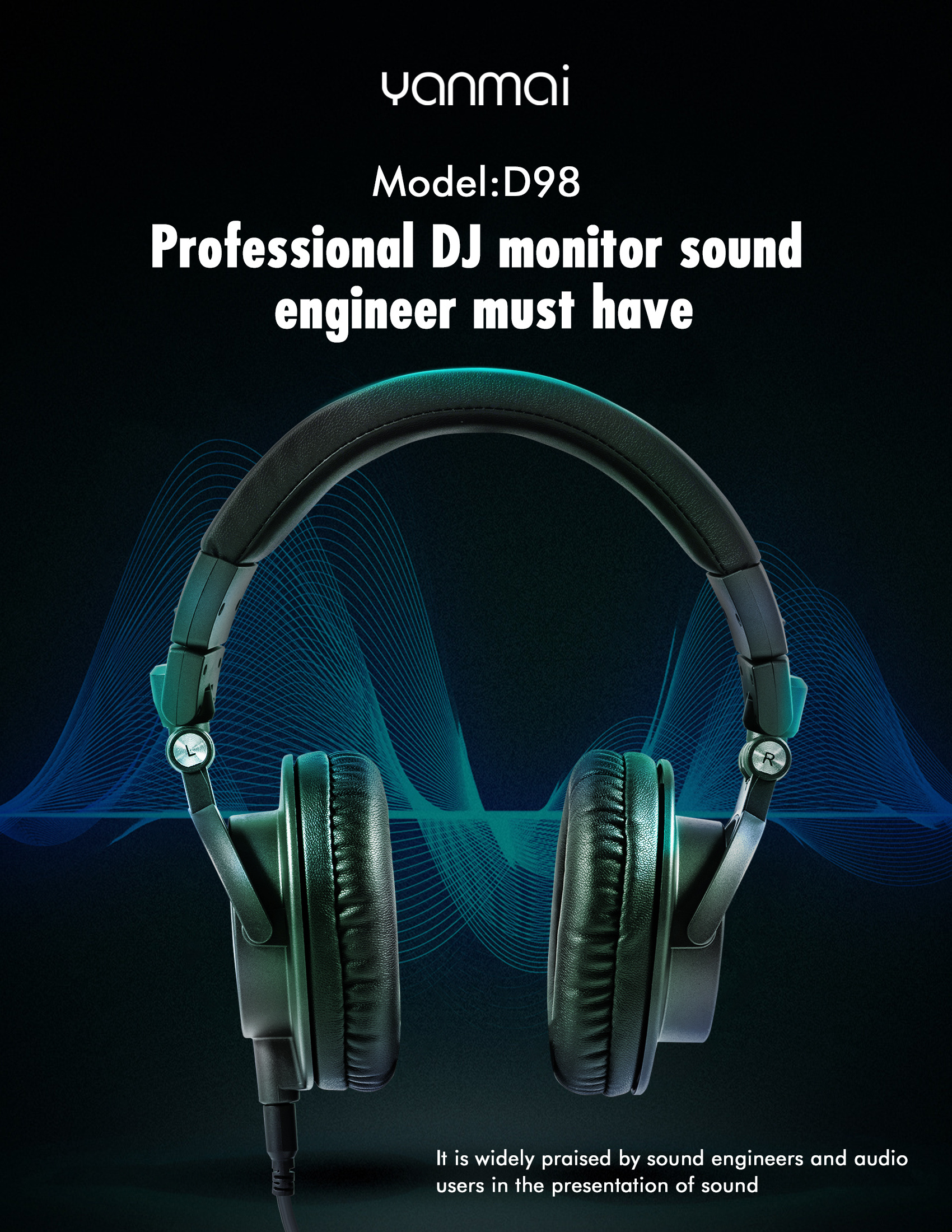 Yanmai D98 Wired Over Ear Headphone DJ Stereo Hi-Res Studio Monitor Headphones For Computer Recording Phone Piano Guitar Laptop