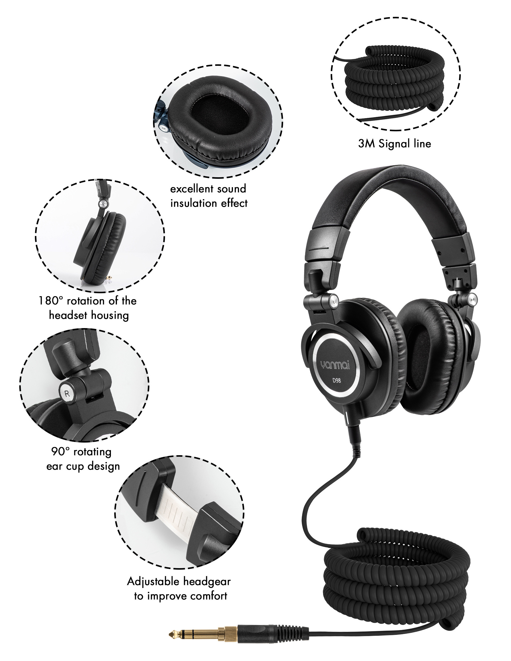 Yanmai D98 Wired Over Ear Headphone DJ Stereo Hi-Res Studio Monitor Headphones For Computer Recording Phone Piano Guitar Laptop