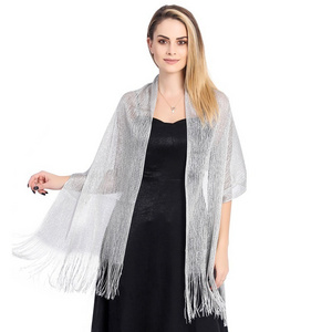 2024 Hot Selling Fashion Plain Glitter Wedding Party Evening Dress Shawl Women Shimmer Multi-function Tassel Scarf