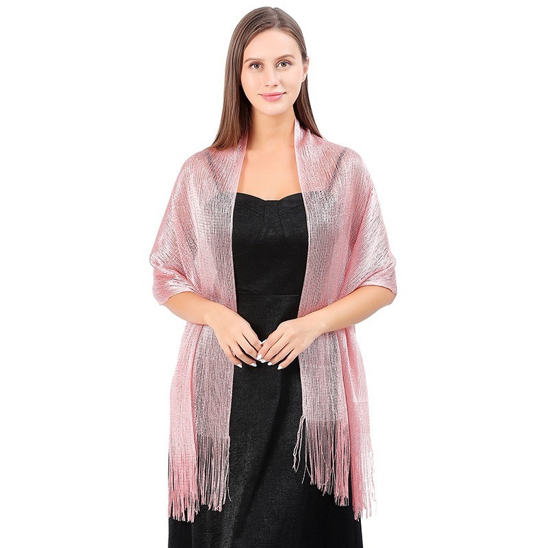 2024 Hot Selling Fashion Plain Glitter Wedding Party Evening Dress Shawl Women Shimmer Multi-function Tassel Scarf