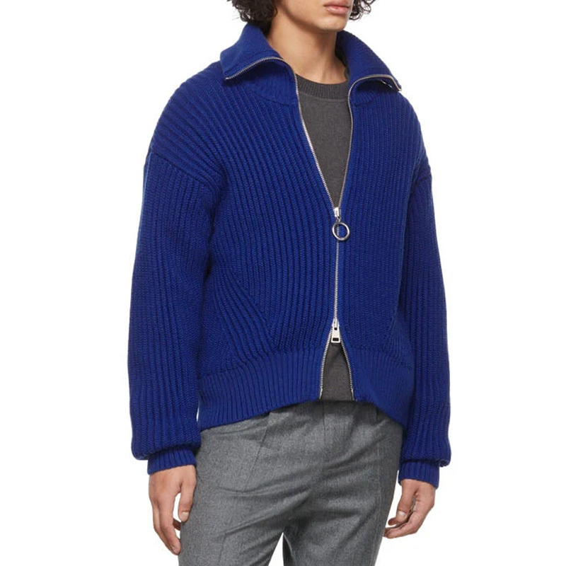 OEM Long Sleeve Turtleneck Two-way Zip Fly Rib Knit Wool Cardigan Sweater Men