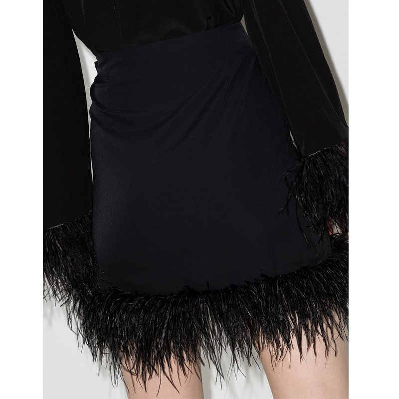 OEM High Waist Asymmetrical Hem Feather Trim Wrap Mini Skirt Women