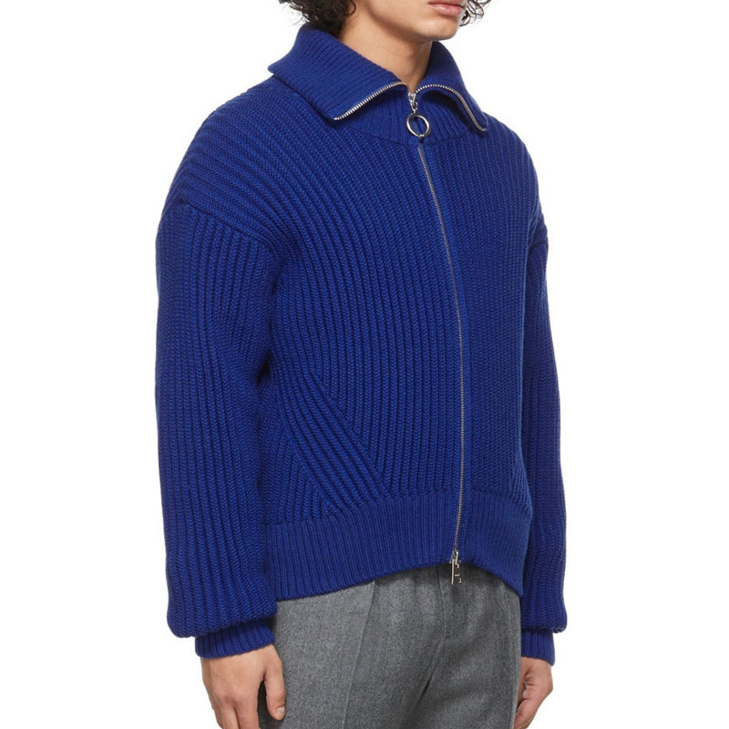 OEM Long Sleeve Turtleneck Two-way Zip Fly Rib Knit Wool Cardigan Sweater Men