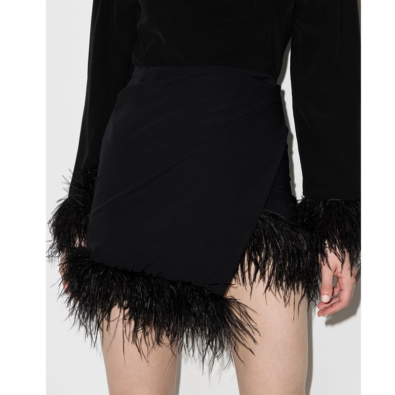 OEM High Waist Asymmetrical Hem Feather Trim Wrap Mini Skirt Women