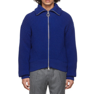 OEM Long Sleeve Turtleneck Two-way Zip Fly Rib Knit Wool Cardigan Sweater Men