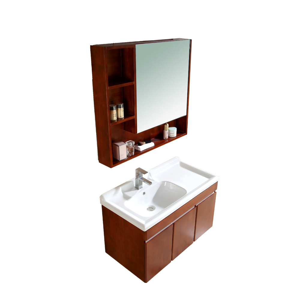 Brown color bathroom furniture wall mounted classic solid wood vanity with mirror cabinet